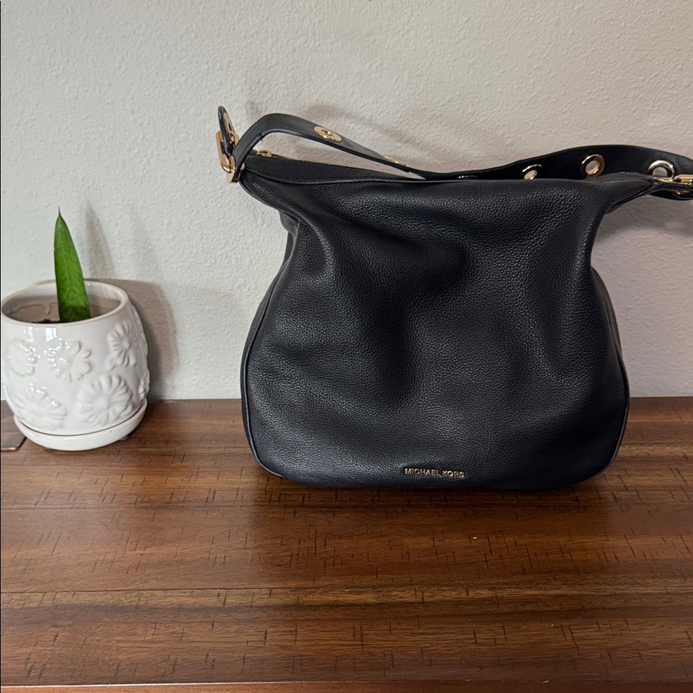 Michael Kors Black Pebbled Leather Shoulder Hobo with Gold Hardware